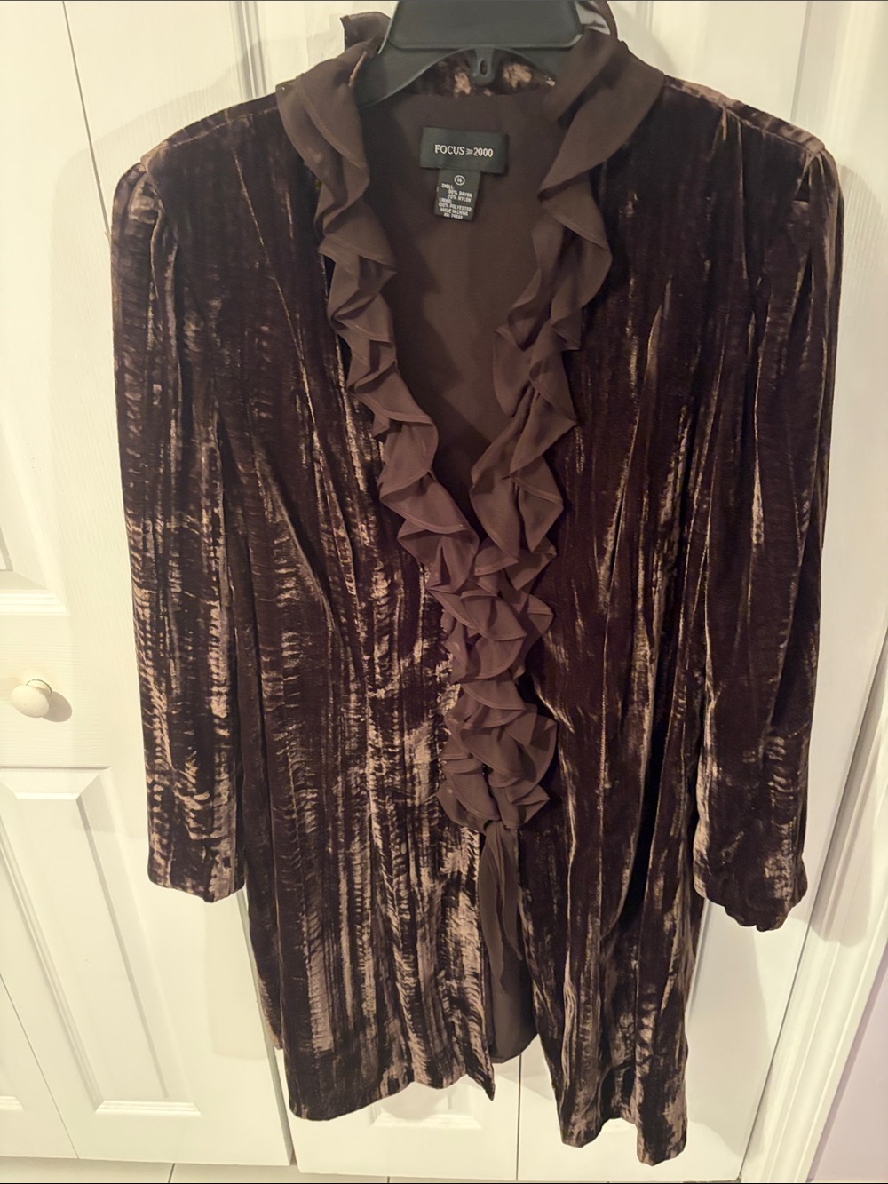 Focus 2000 Brown Crushed Velvet Ruffle-Front Long Sleeve Long Jacket
